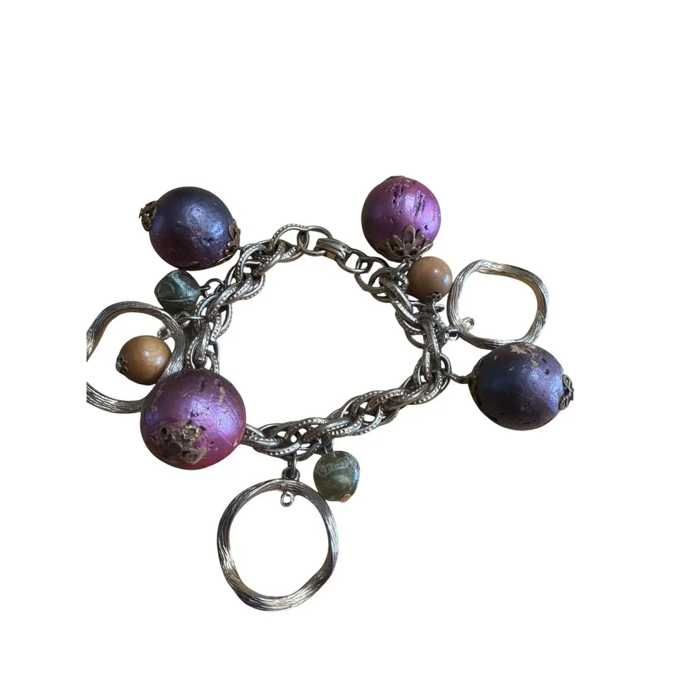 Chunky Silver Tone Charm Bracelet Purple Filigree Beads Wood Geometric Circles